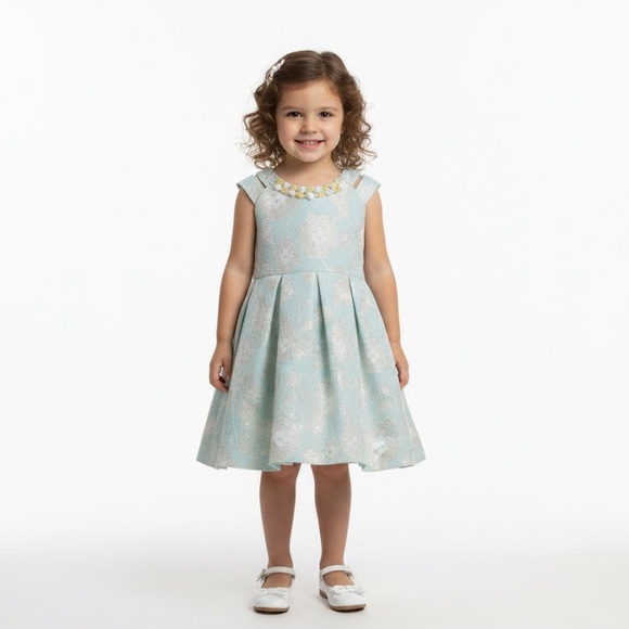 Bonnie Jean Toddler Girls Aqua Floral Jacquard Dress with Pearl Accents - Picture 2 of 12